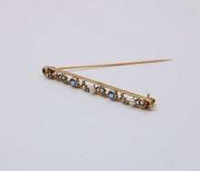 Load image into Gallery viewer, Antique Art Deco 14K Yellow Gold Sapphire &amp; Pearl Bar Pin.
