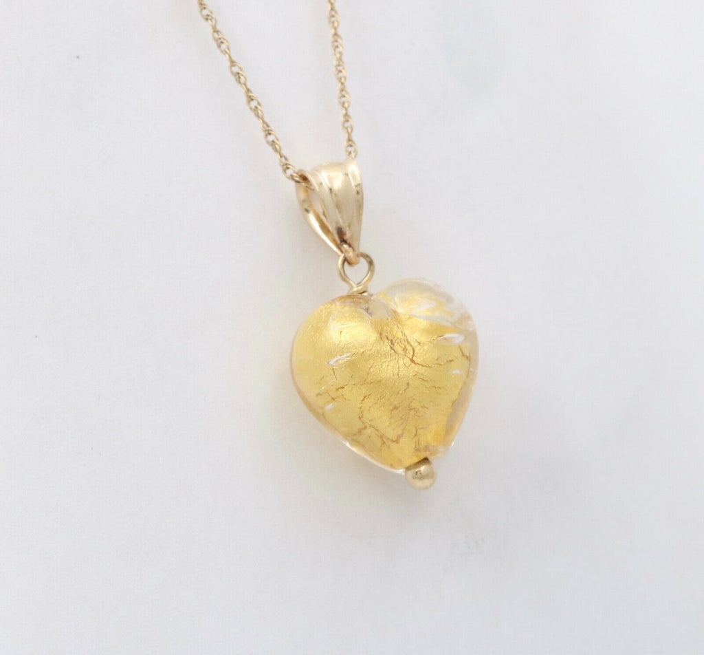 Vintage 14K Yellow Gold Murano Venetian Glass Heart Charm Pendant.
