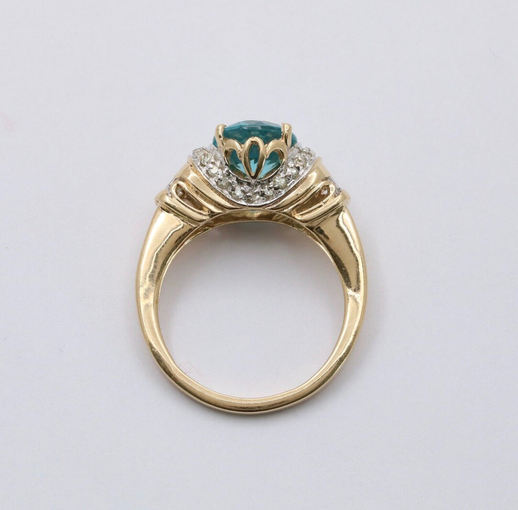 Vintage Blue Zircon And Diamond 14K Yellow Gold Ring Band, Engagement Ring