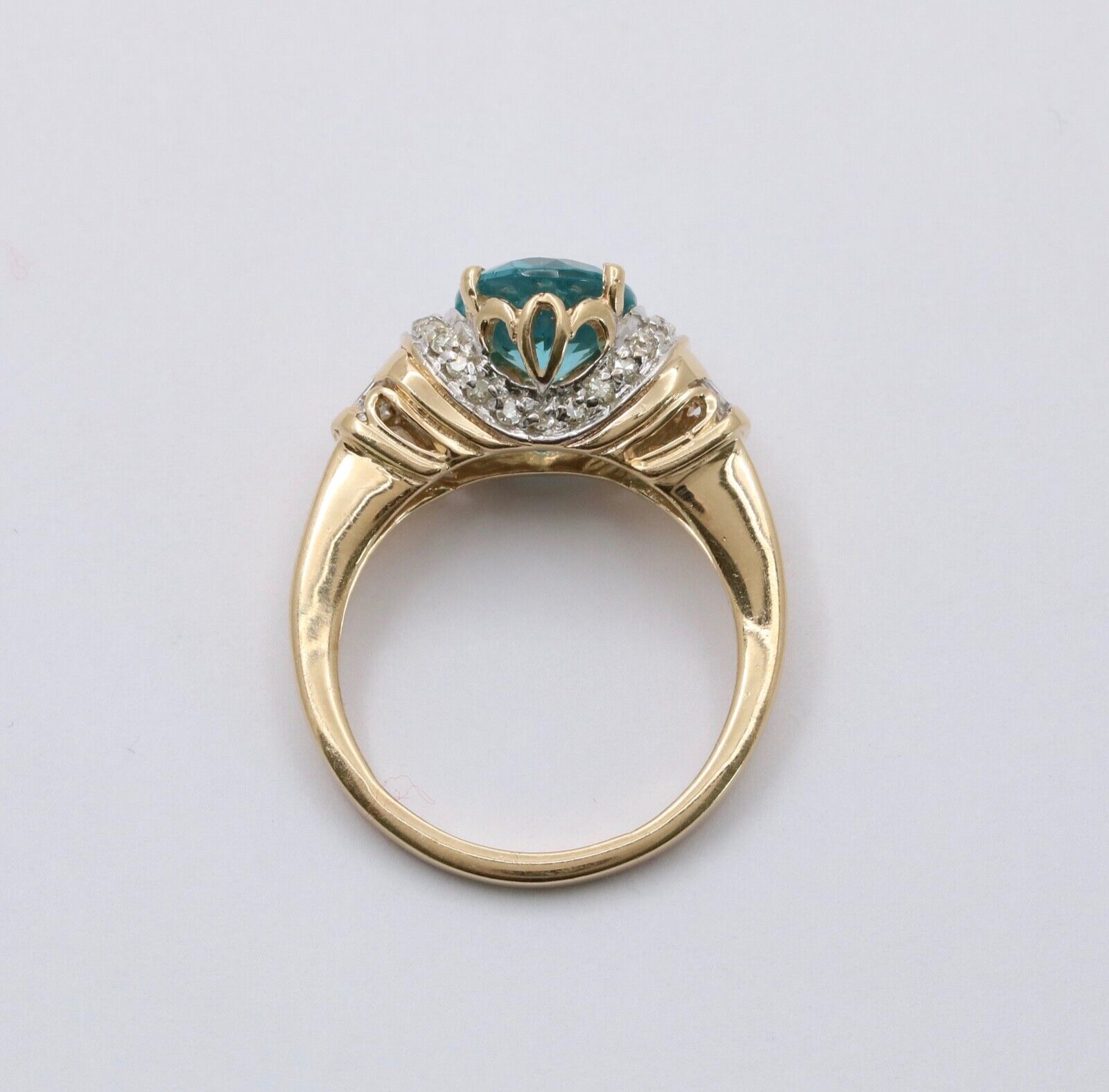 Vintage Blue Zircon And Diamond 14K Yellow Gold Ring Band, Engagement Ring