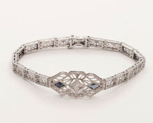 Load image into Gallery viewer, Art Deco Diamond Blue Sapphire 14K White Gold Filagree Bracelet
