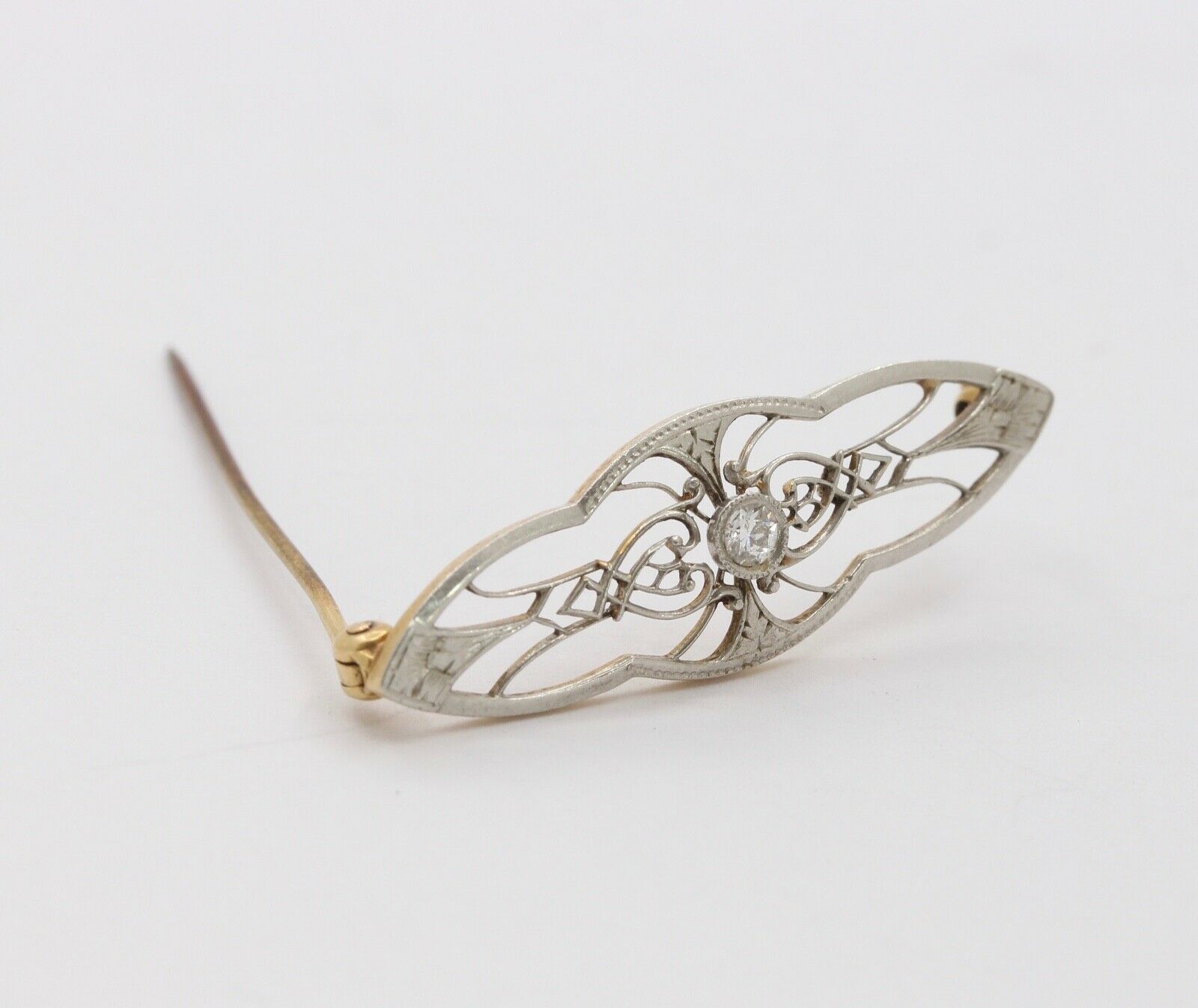 Vintage Art Deco 14K Yellow and White Gold Diamond Brooch Pin