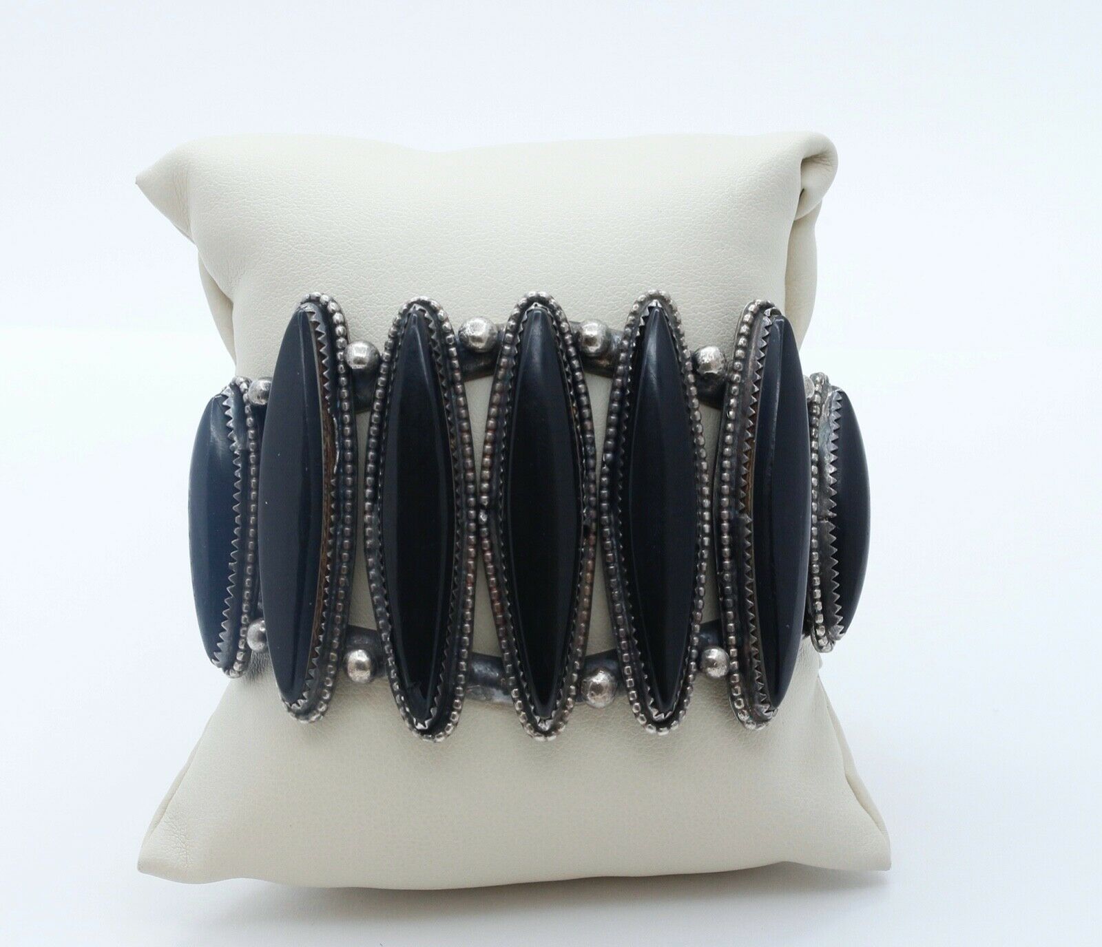 Vintage Silver Cuff Bracelet Beadwork and Black Stones