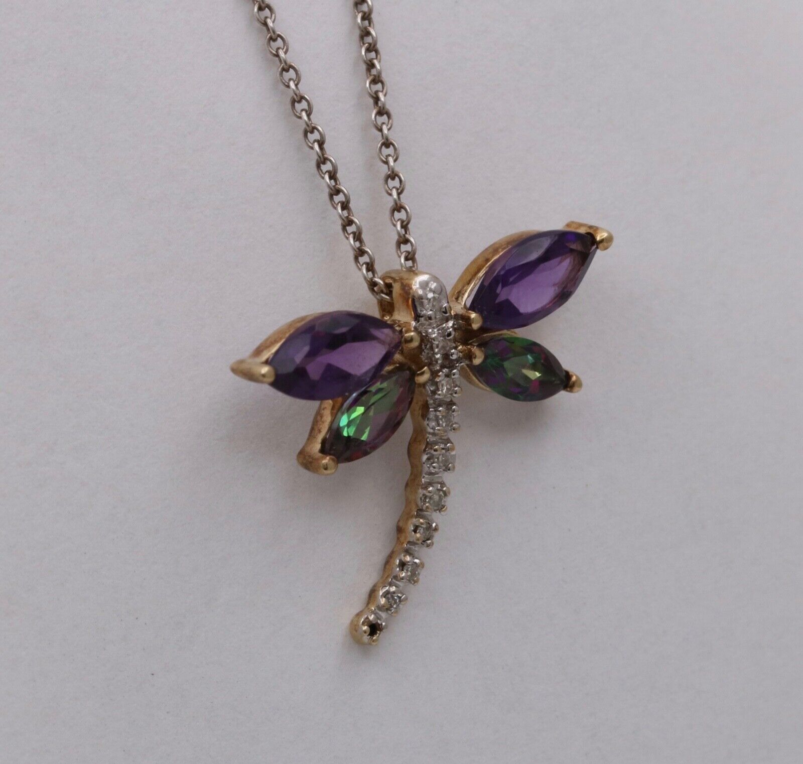 Vintage 10K Yellow Gold Dragonfly Diamond Pendant, Necklace