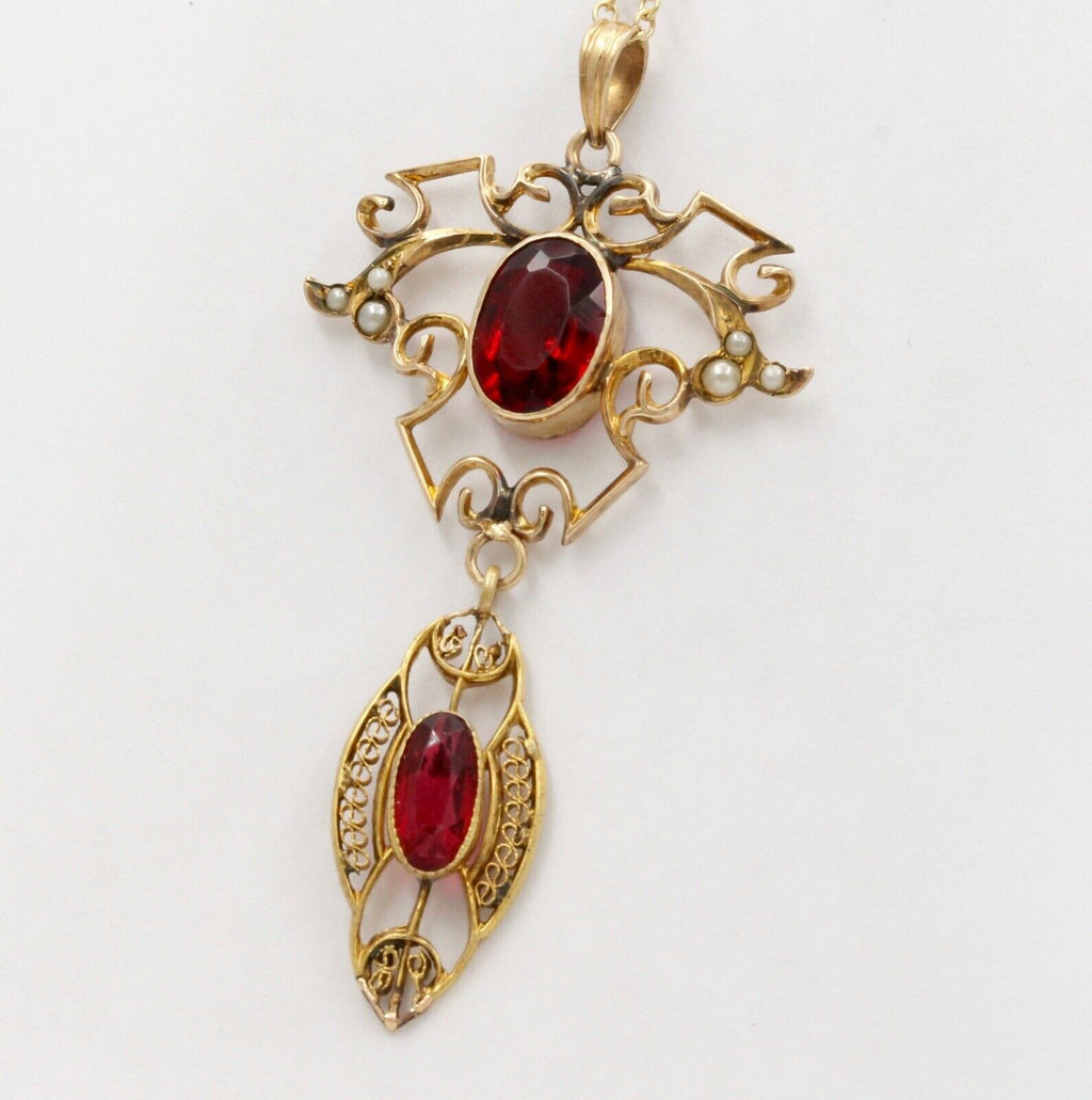 Art Nouveau Garnets 10K Yellow Gold Chandelier Pendant 14K Chain