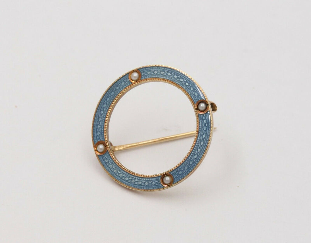 Art Deco Smoky Blue Guilloche Enamel Split Pearl Circle Pin Brooch
