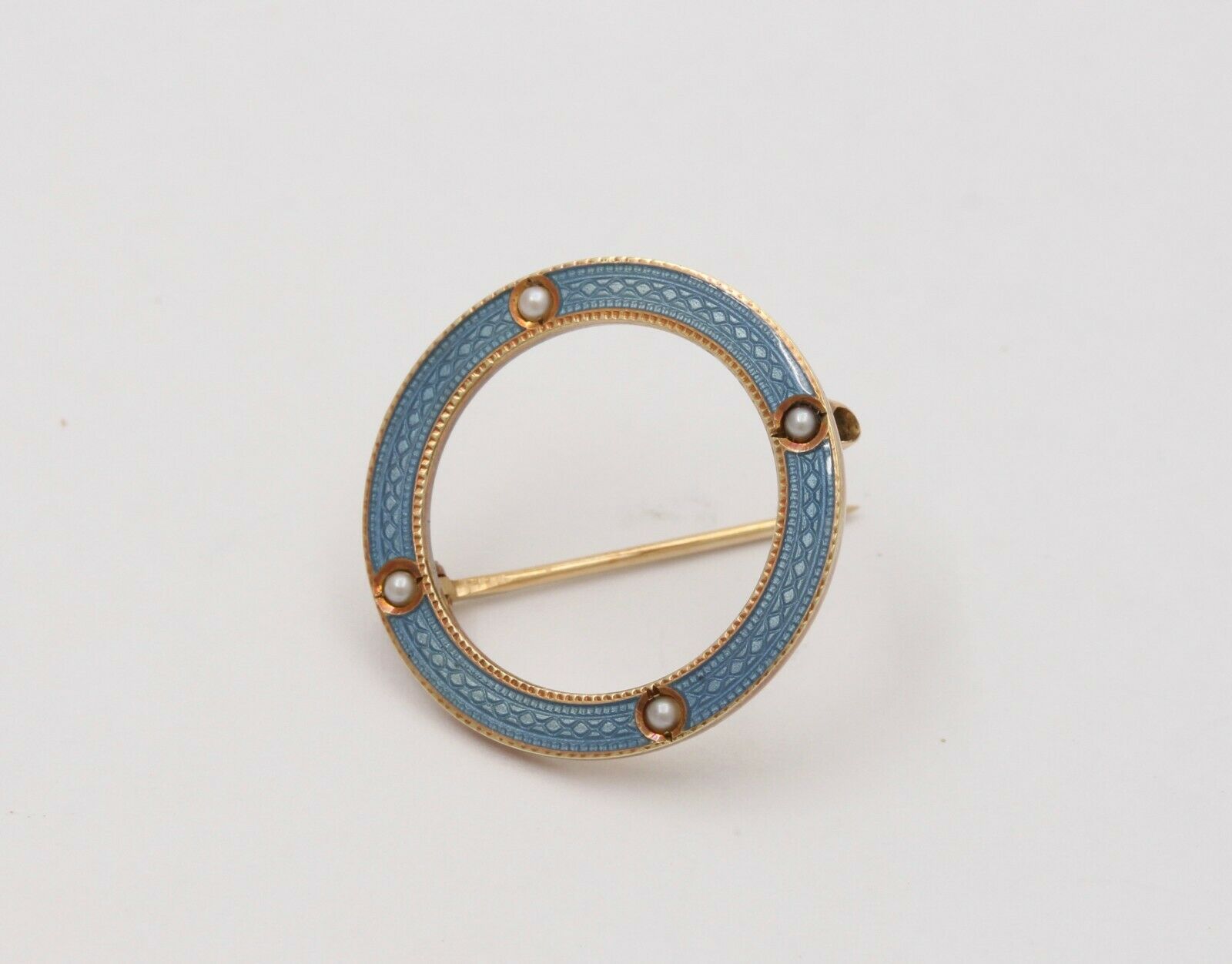 Art Deco Smoky Blue Guilloche Enamel Split Pearl Circle Pin Brooch
