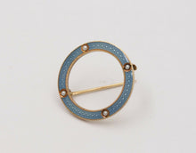 Load image into Gallery viewer, Art Deco Smoky Blue Guilloche Enamel Split Pearl Circle Pin Brooch
