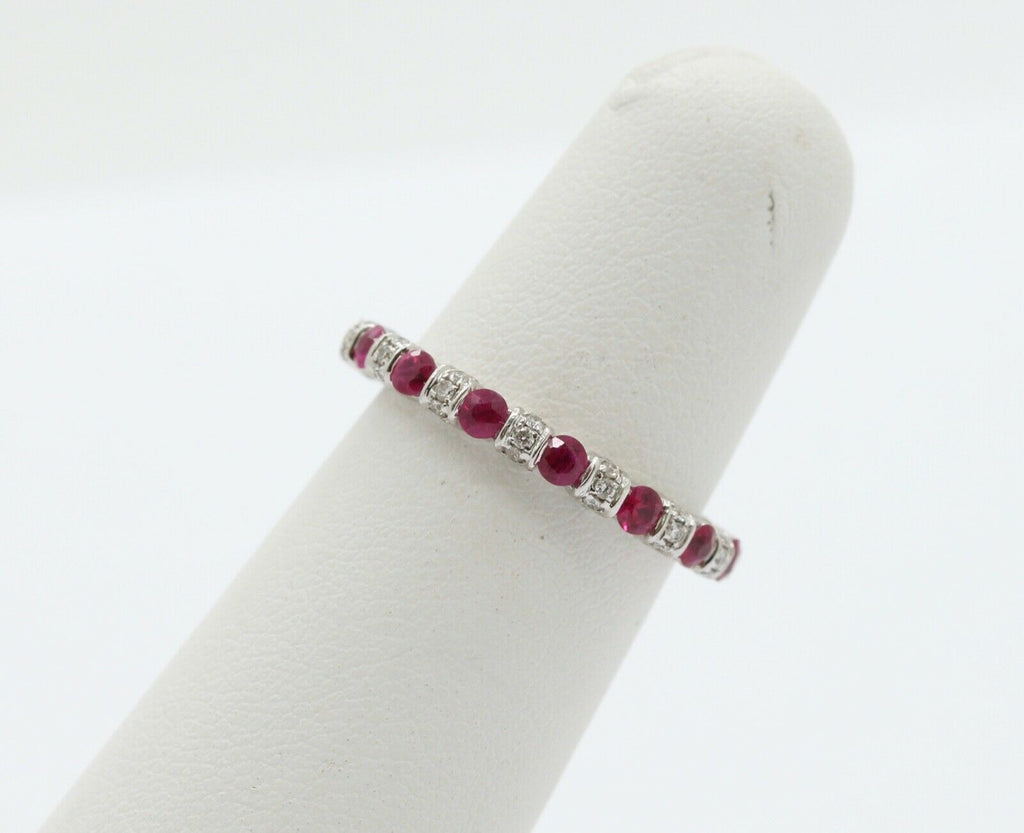 Ladies 18K White Gold Diamonds Rubies Stacking Eternity Band
