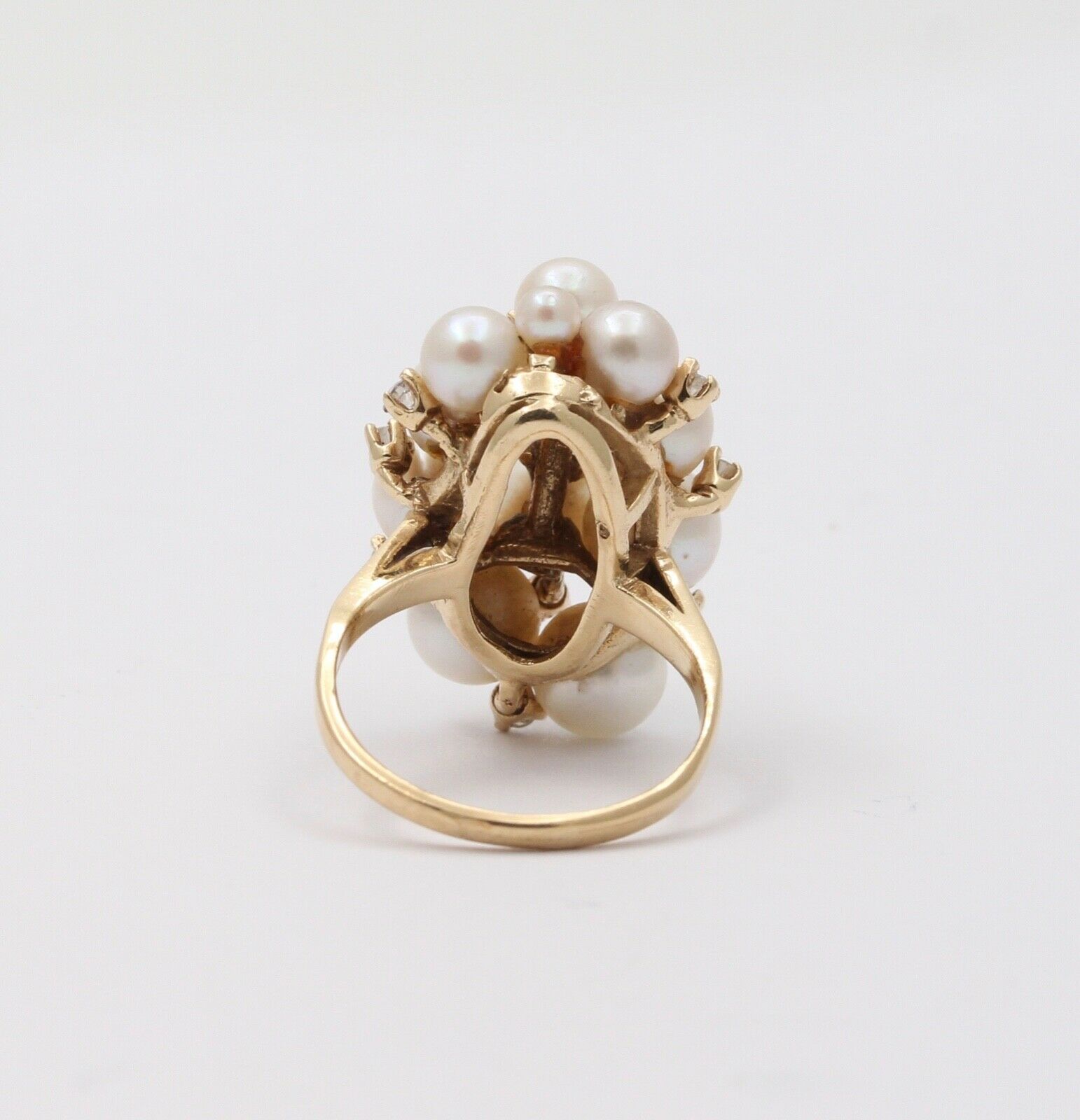 Vintage Pearls Diamonds 14K Yellow Gold Cluster Ring
