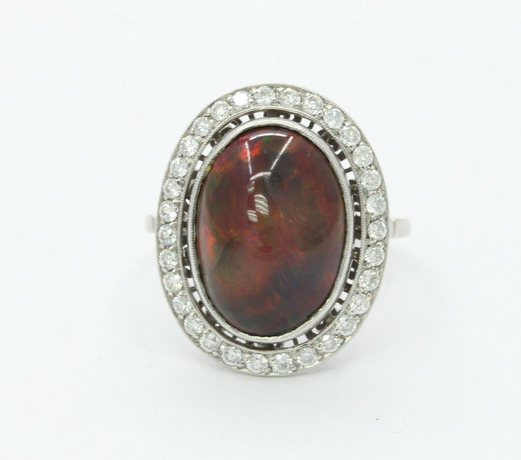 Vintage Platinum Black Australian Opal Diamond Cocktail Ring