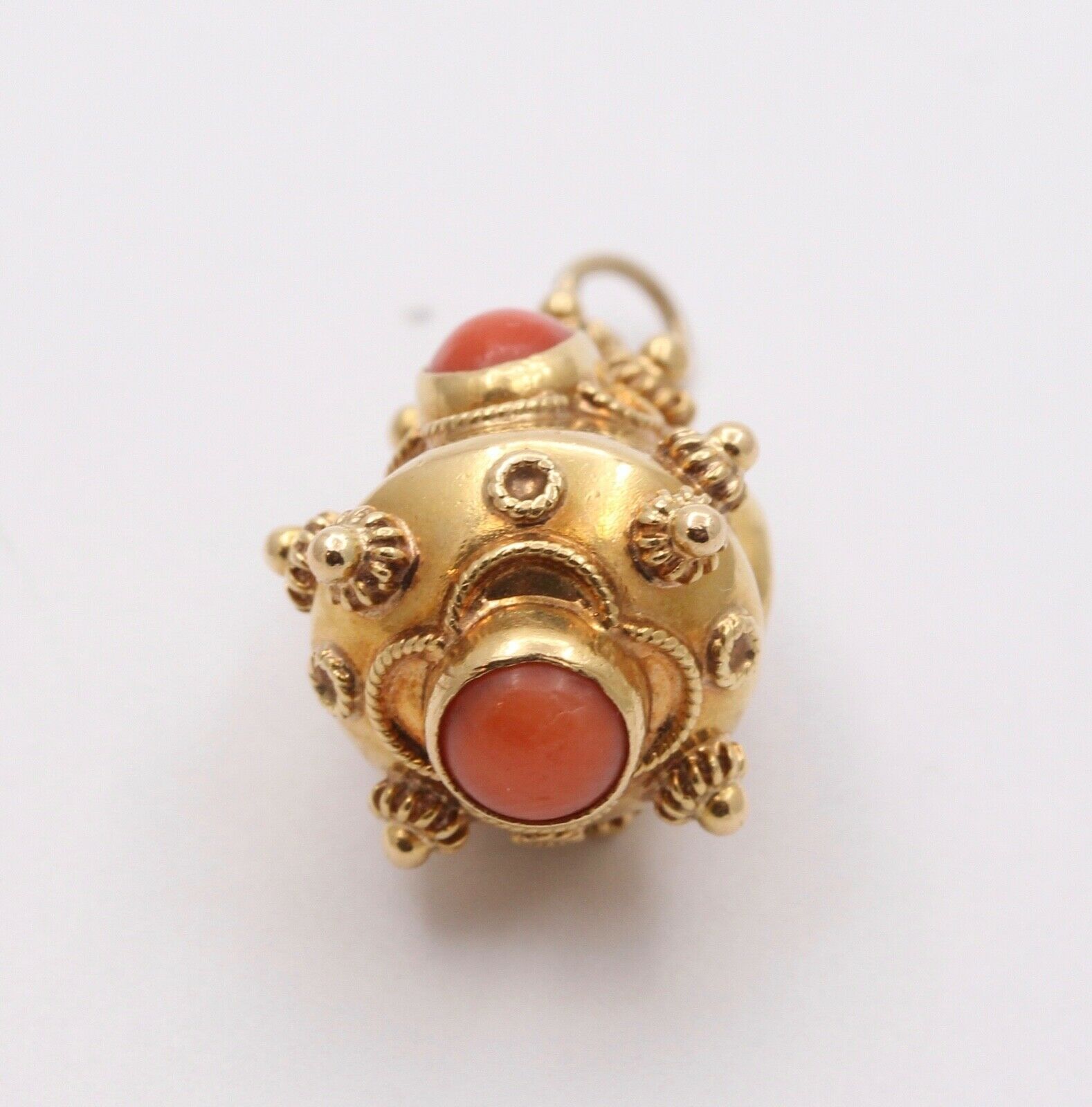 Victorian Etruscan Revival 18K Yellow Gold Coral Pendant Charm
