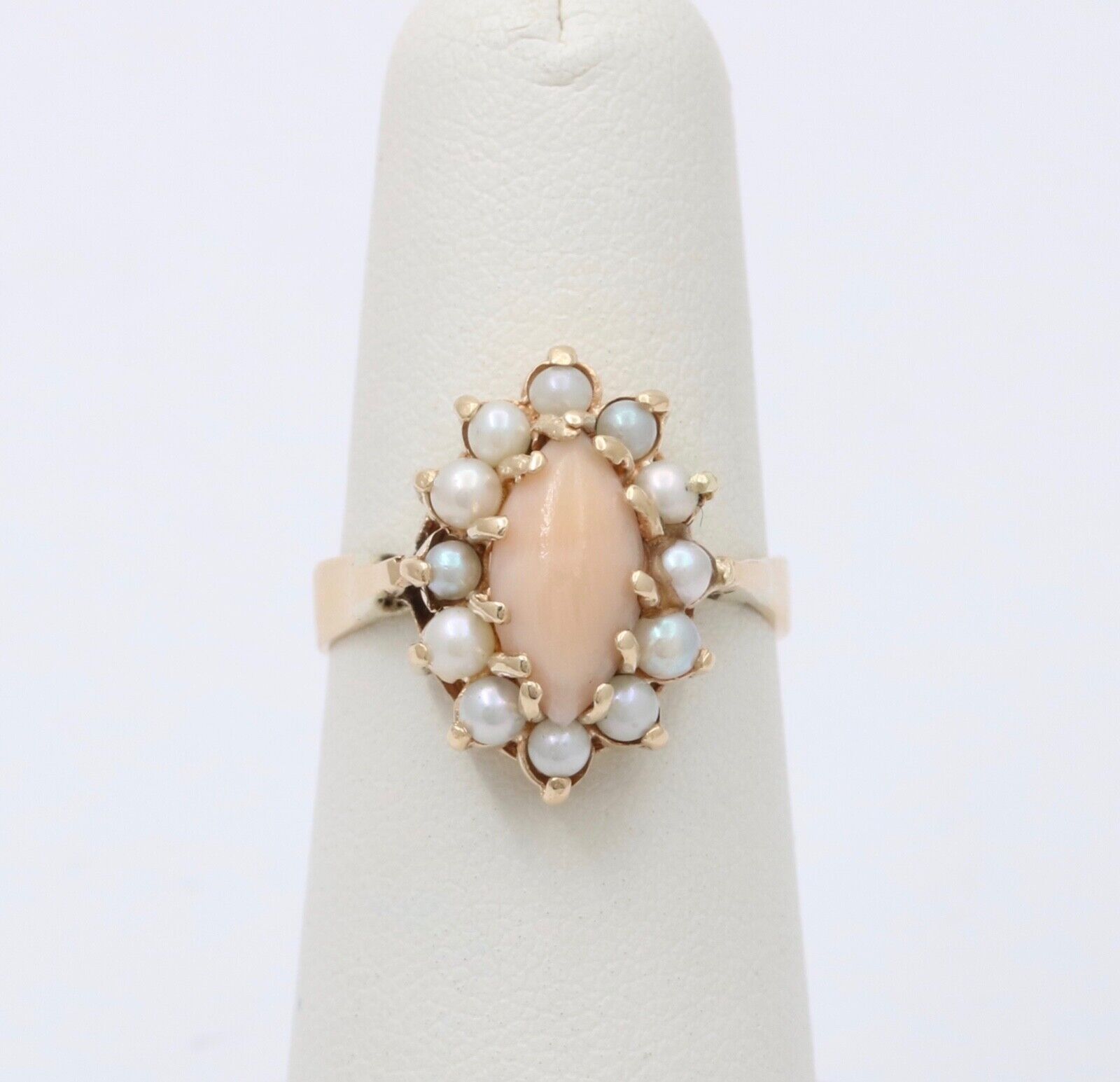 Vintage Pink Coral Pearls 14K Yellow Gold Ring