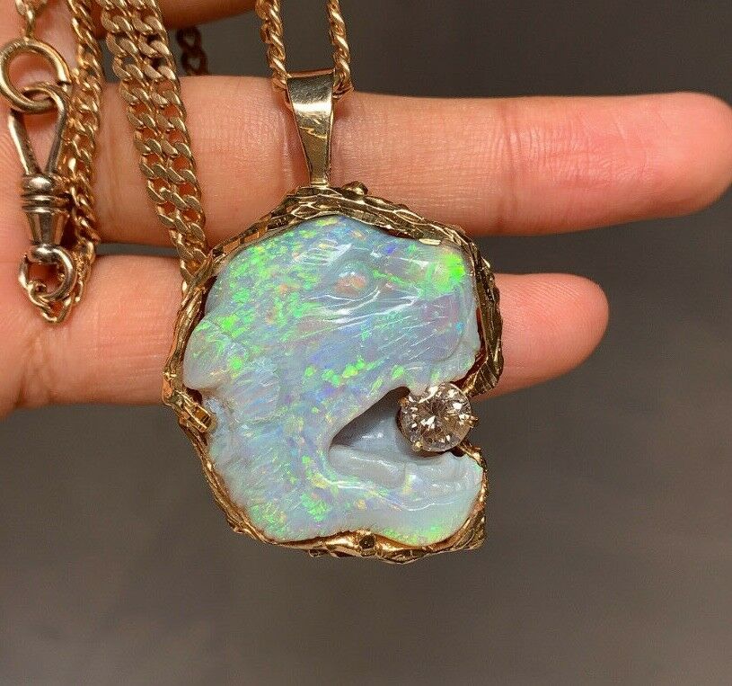 Vintage Carved Panther Large Australian Opal Held 1.0 carats round cut diamond P