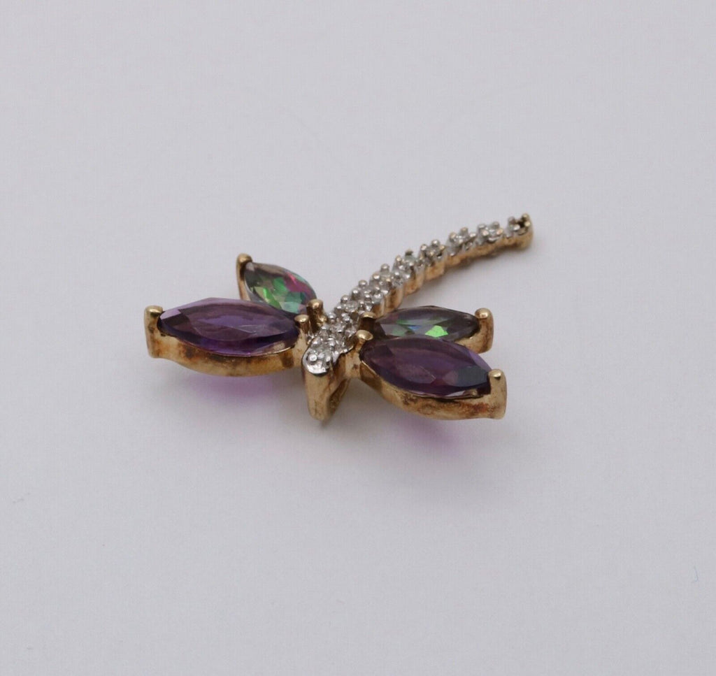 Vintage 10K Yellow Gold Dragonfly Diamond Pendant, Necklace