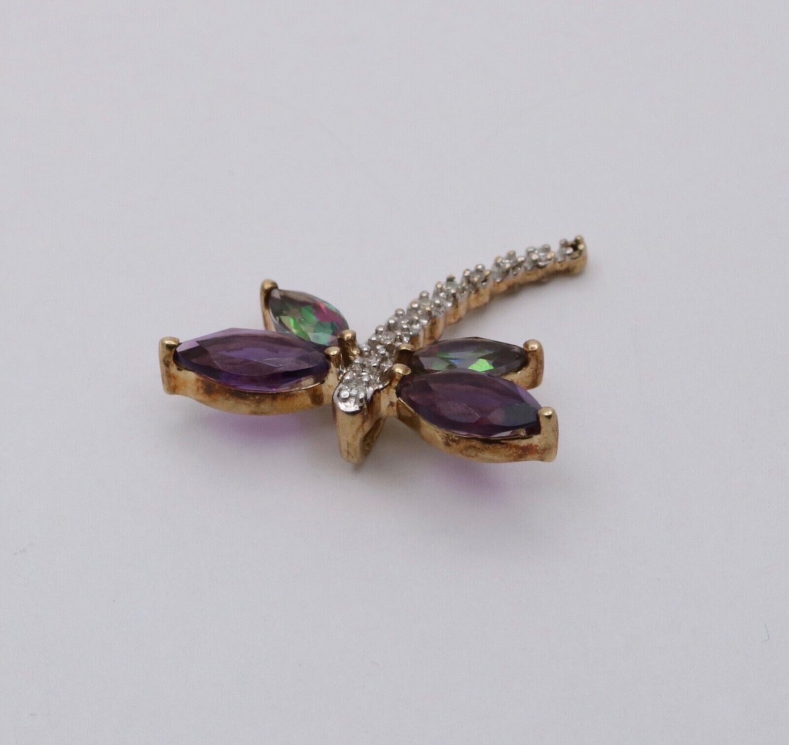 Vintage 10K Yellow Gold Dragonfly Diamond Pendant, Necklace