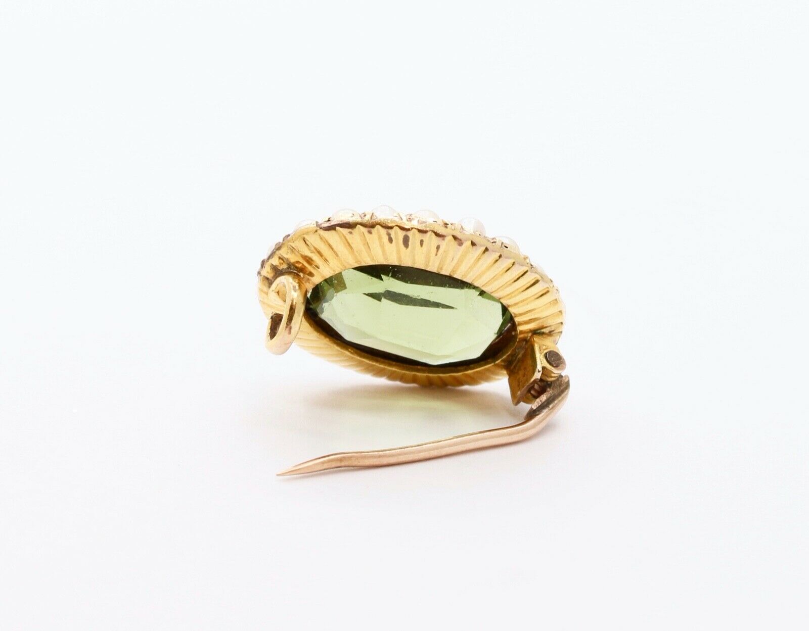 Edwardian 18K 14K Yellow Gold Peridot Seed Pearls Brooch Pin