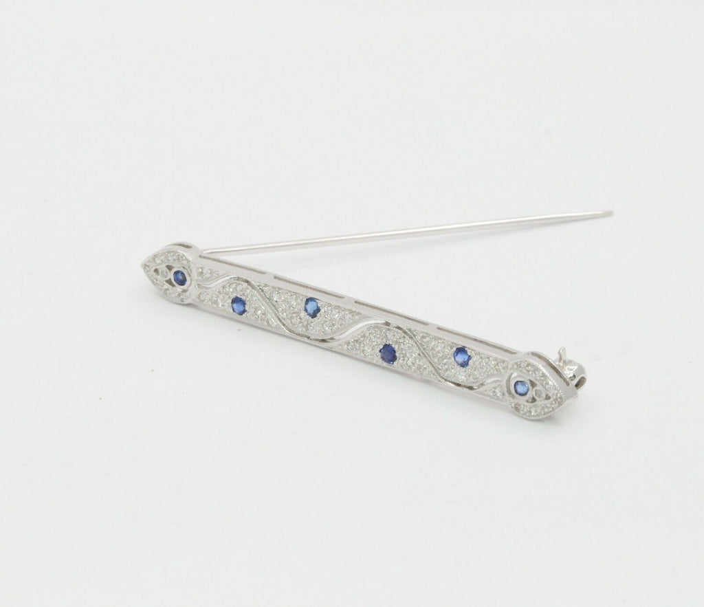 Vintage 18K White Gold Diamond Sapphire Bar Pin