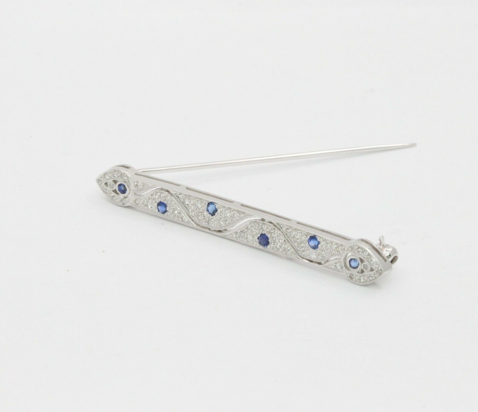 Vintage 18K White Gold Diamond Sapphire Bar Pin
