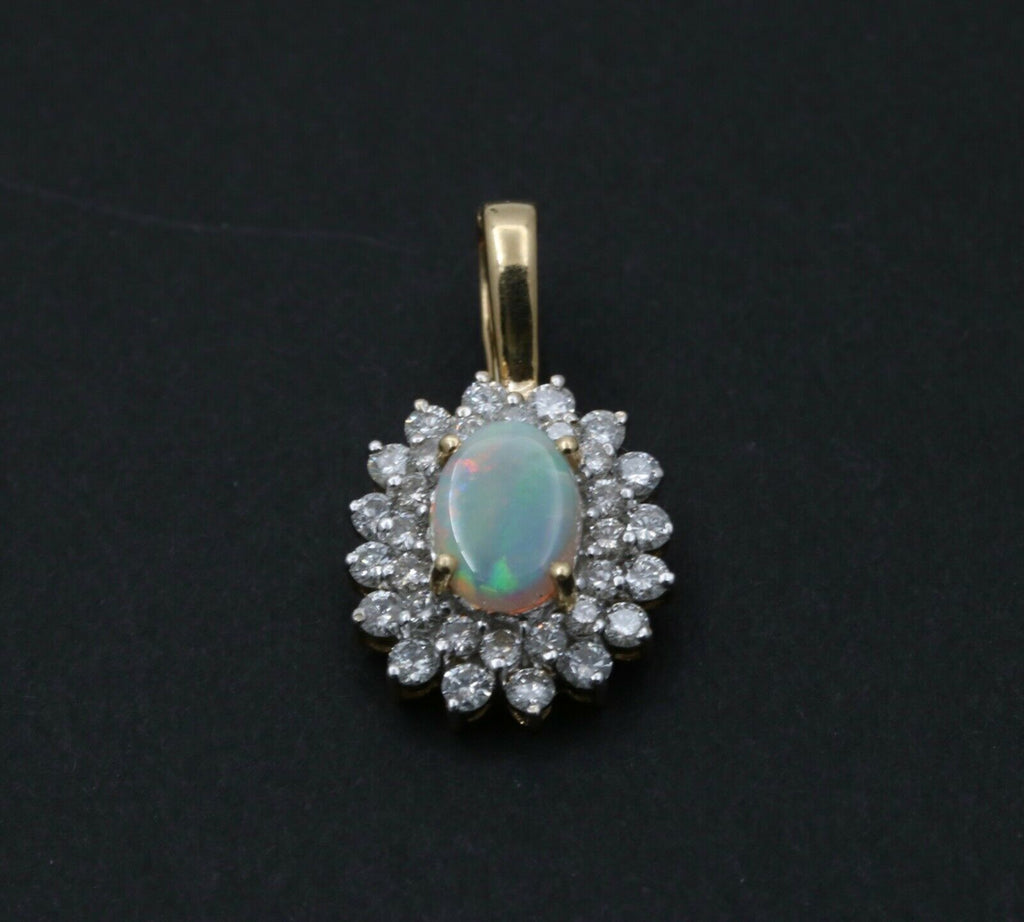 Vintage 14K Yellow Gold Australian Opal & Diamond Halo Pendant, Necklace.