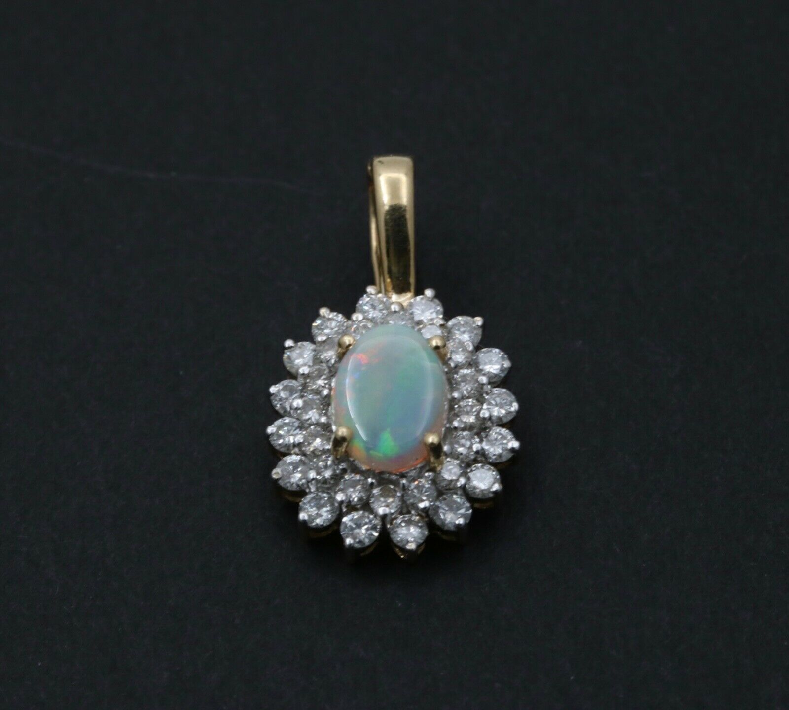 Vintage 14K Yellow Gold Australian Opal & Diamond Halo Pendant, Necklace.