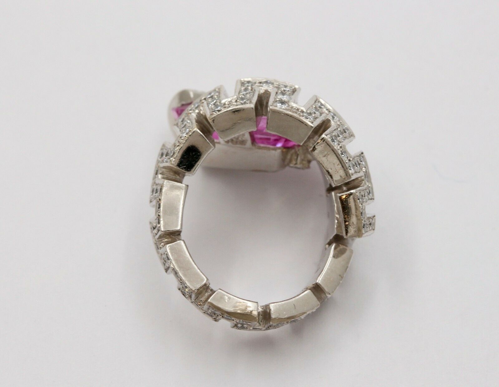 Amazing Rectangle Pink Topaz Spiral Snake Platinum Ring, Statement Ring