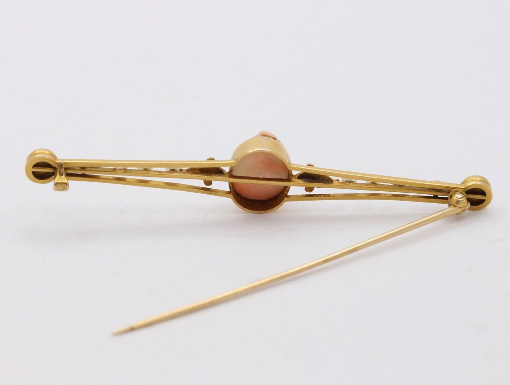 Antique Ladies 14K Yellow Gold Carved Coral Pearls Brooch Pin