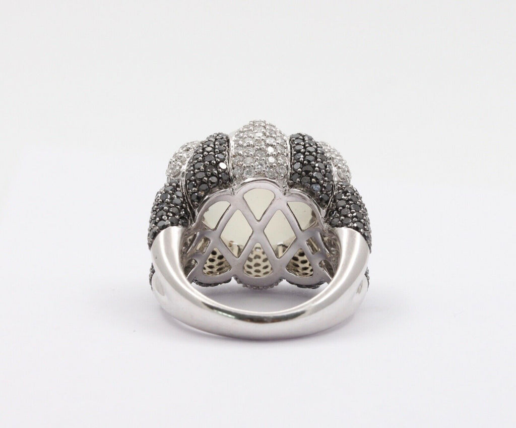 Vintage Milky Quartz White Black Diamonds 18K White Gold Cluster Ring