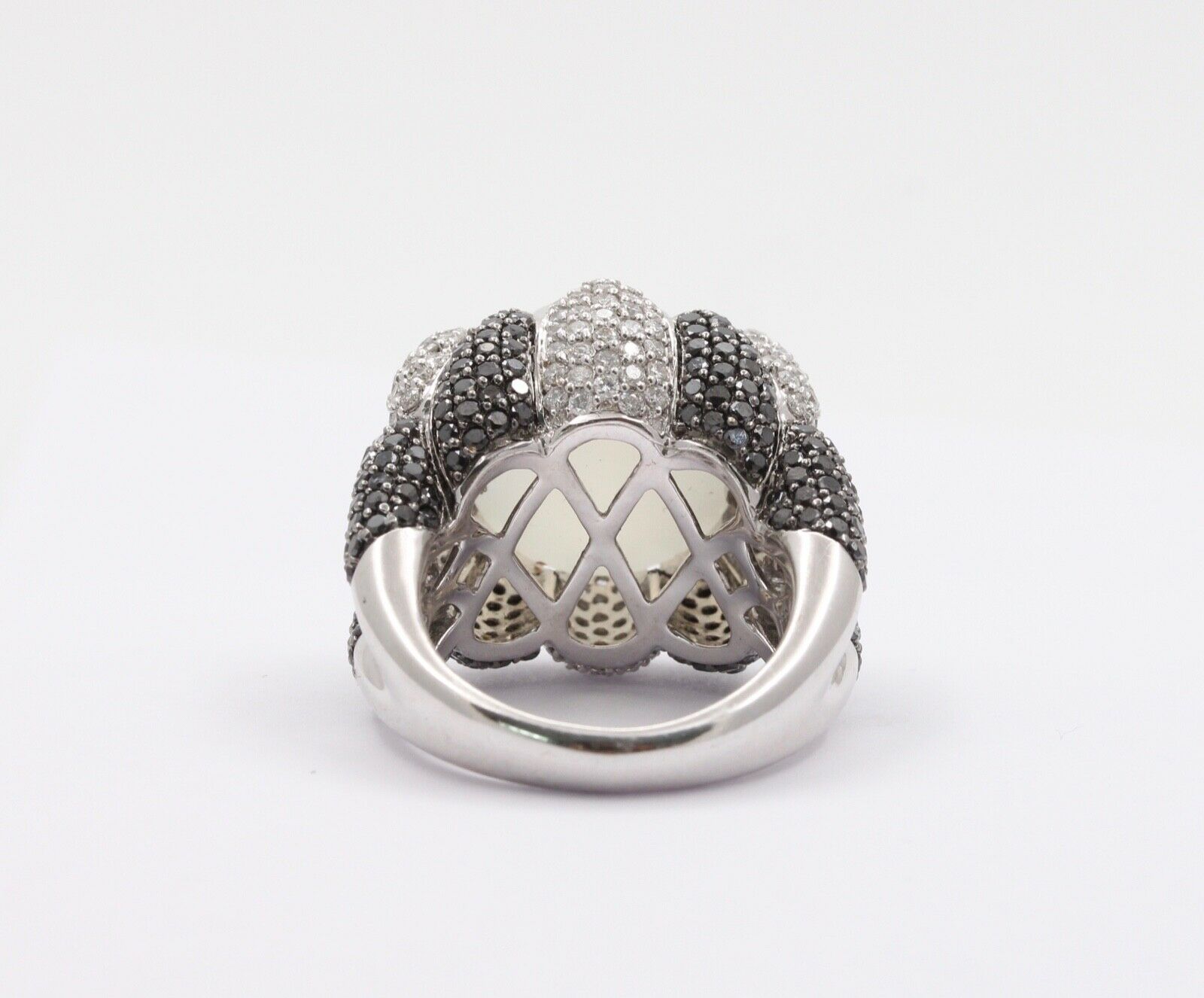 Vintage Milky Quartz White Black Diamonds 18K White Gold Cluster Ring