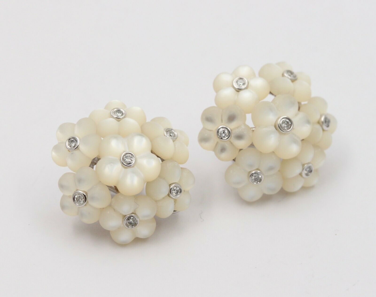 Vintage 14K White Gold Moon Stone Diamond Floral Omega Back Earrings