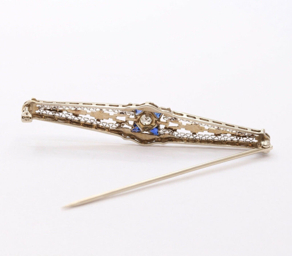 Art Deco Diamond Sapphires 14K White Gold Bar Pin Brooch