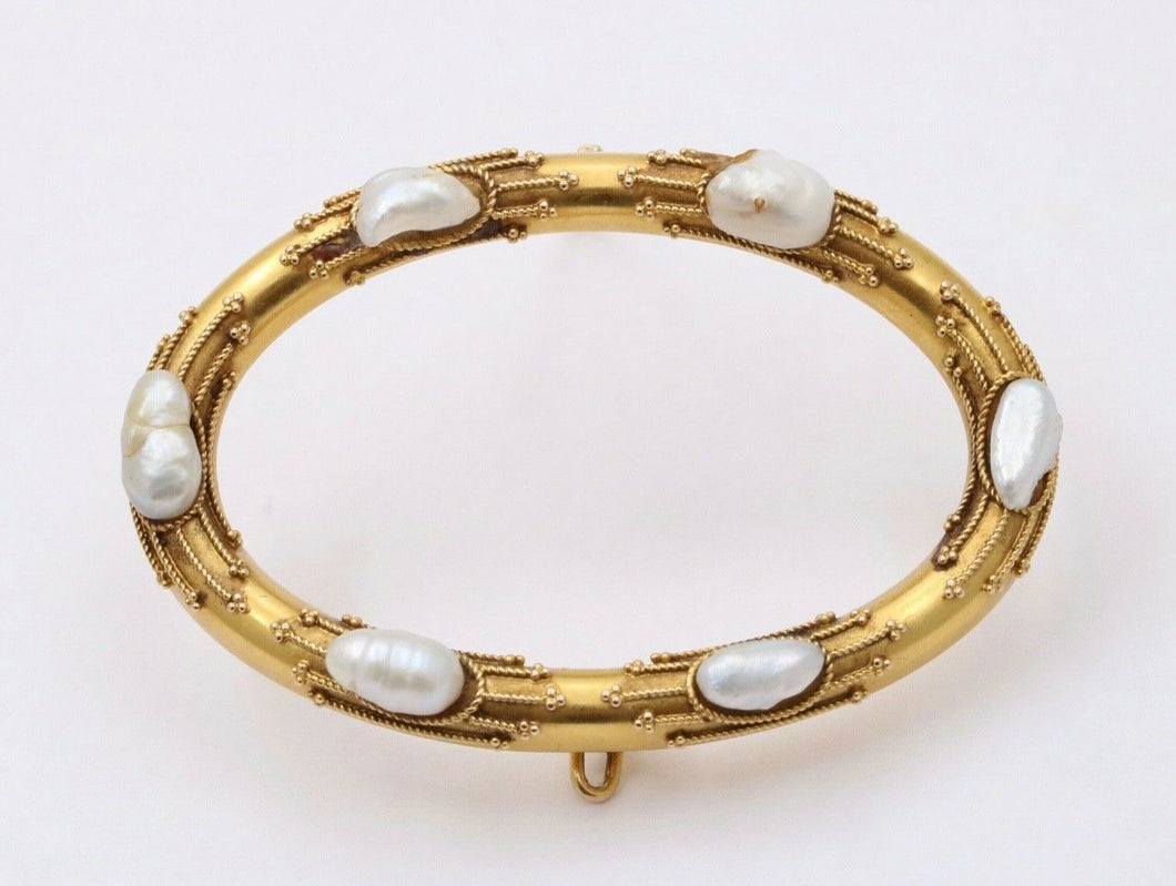 Victorian Etruscan Revival 14K Yellow Gold Baroque Pearl Oval Brooch Pin