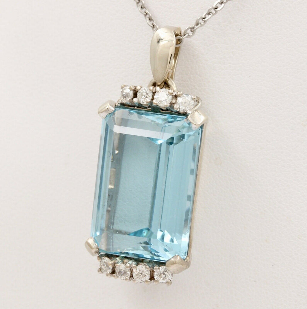 Vintage Aquamarine Diamonds 14K White Gold Pendant