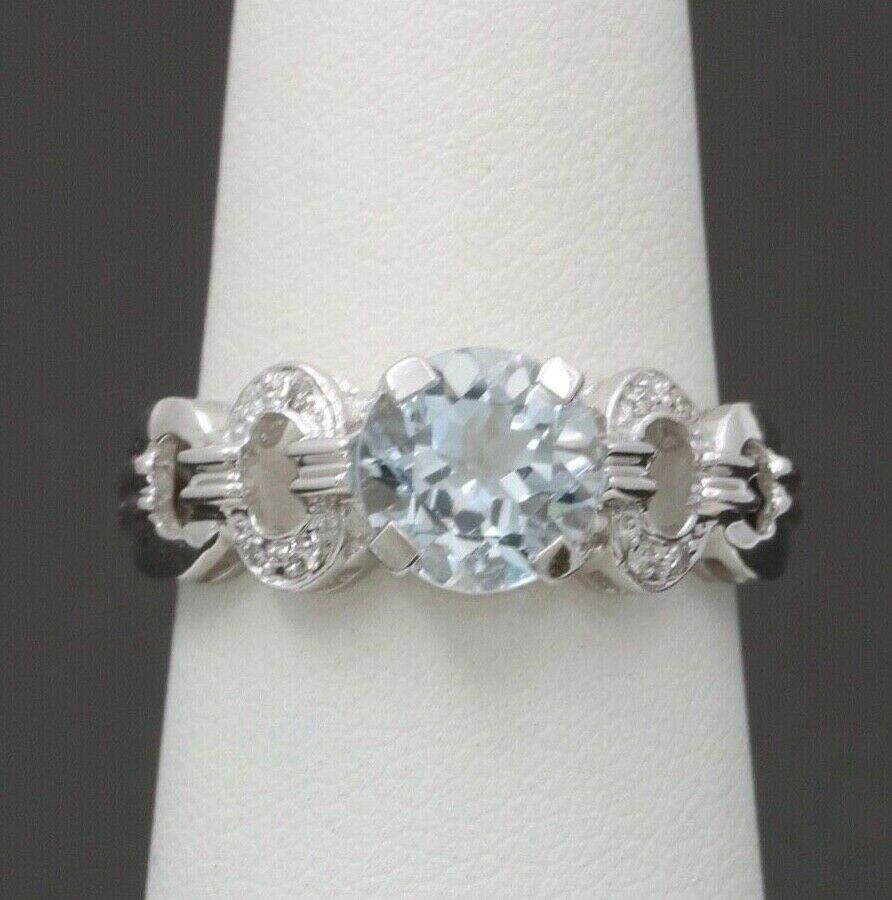 Vintage 14K White Gold Aquamarine Diamond Ring Band, Engagement Ring.