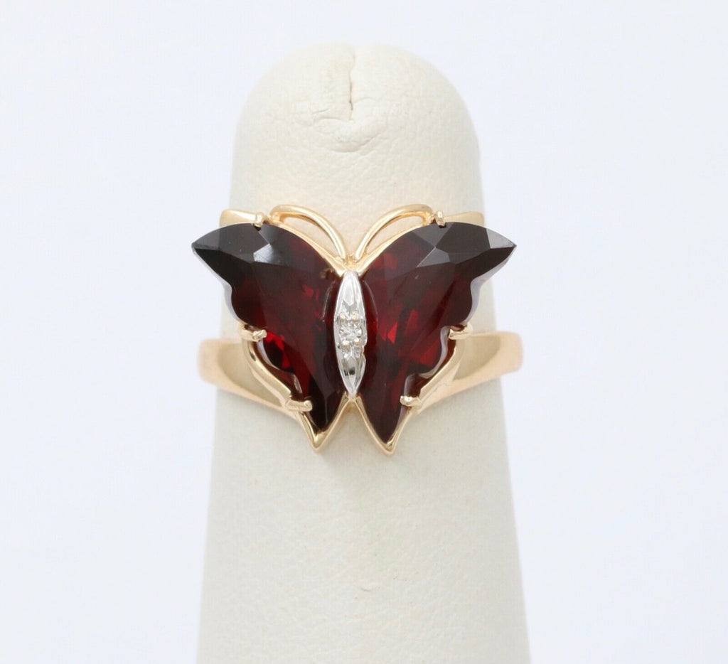Vintage Butterfly Garnets Diamond 14K Yellow White Gold Ring