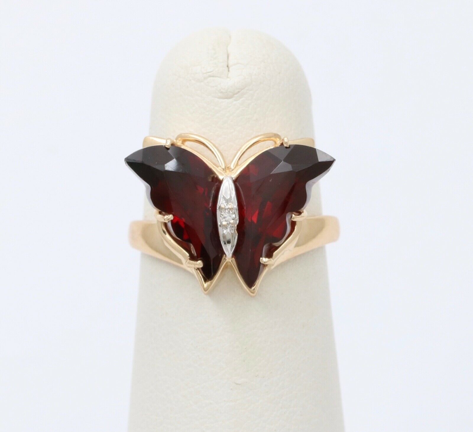 Vintage Butterfly Garnets Diamond 14K Yellow White Gold Ring