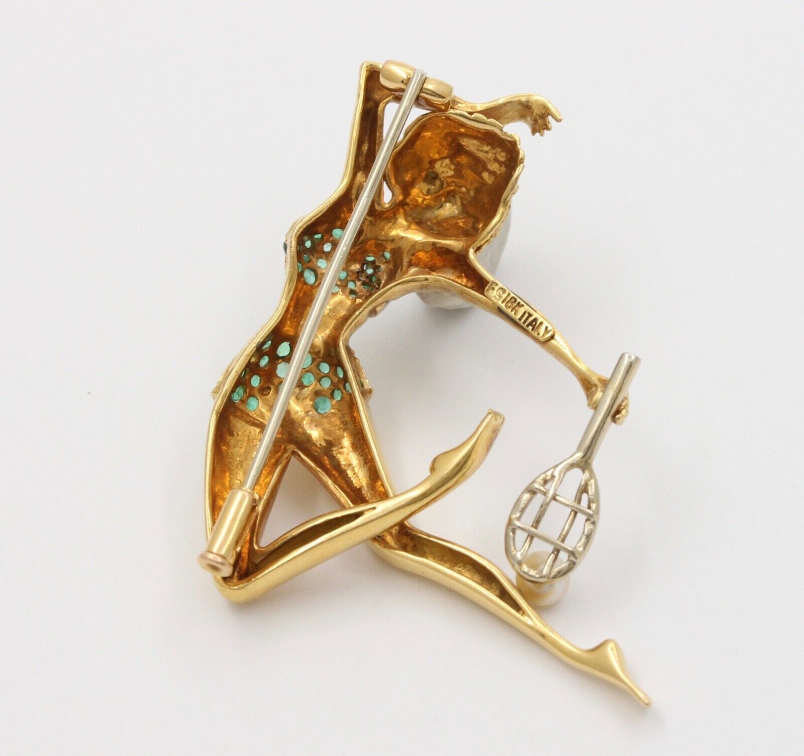 Italian Tennis Player Emeralds Pearl 18K Yellow Gold Brooch