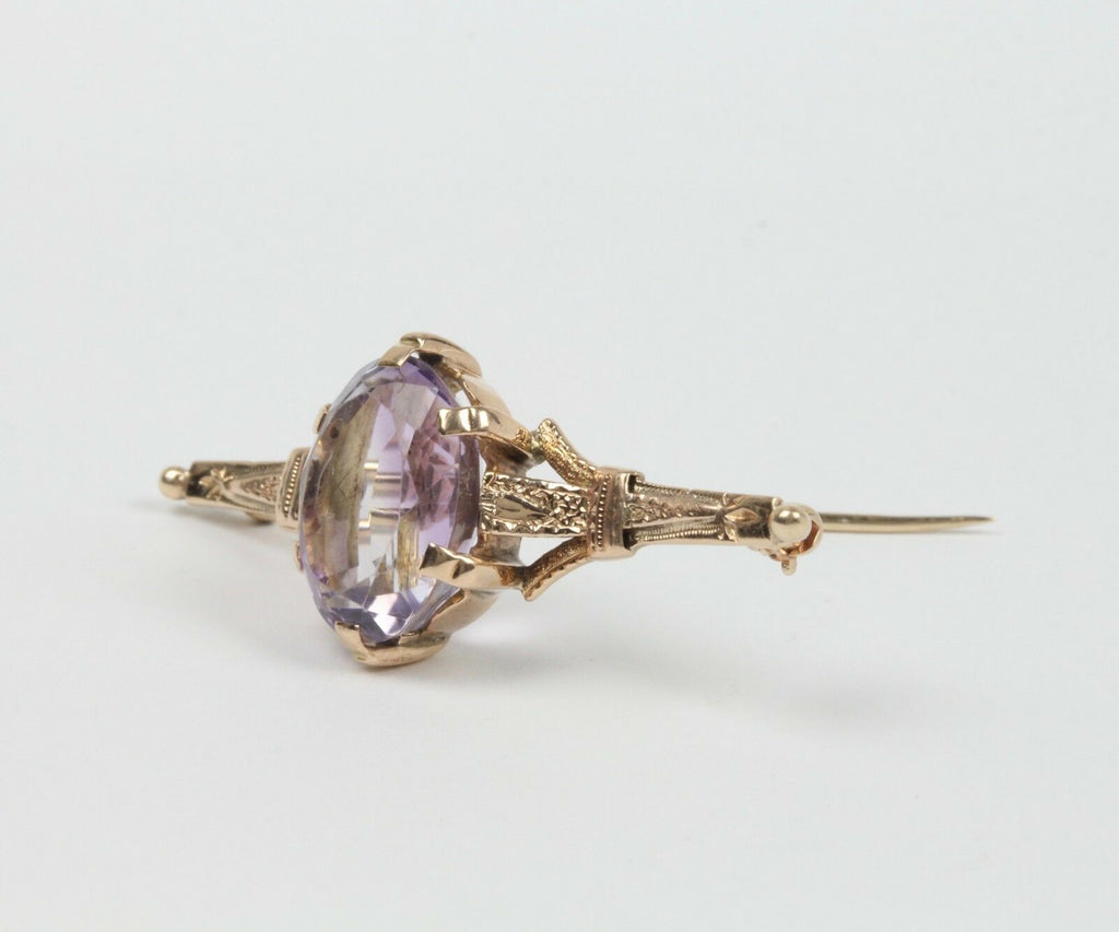 Vintage 14K Yellow Gold Amethyst Bar Brooch, Pin.