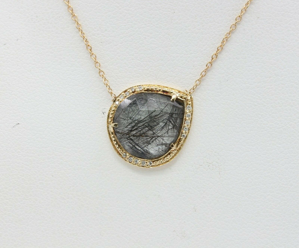 Vintage 14K Yellow Gold Sagenitic Quartz Diamond Pendant