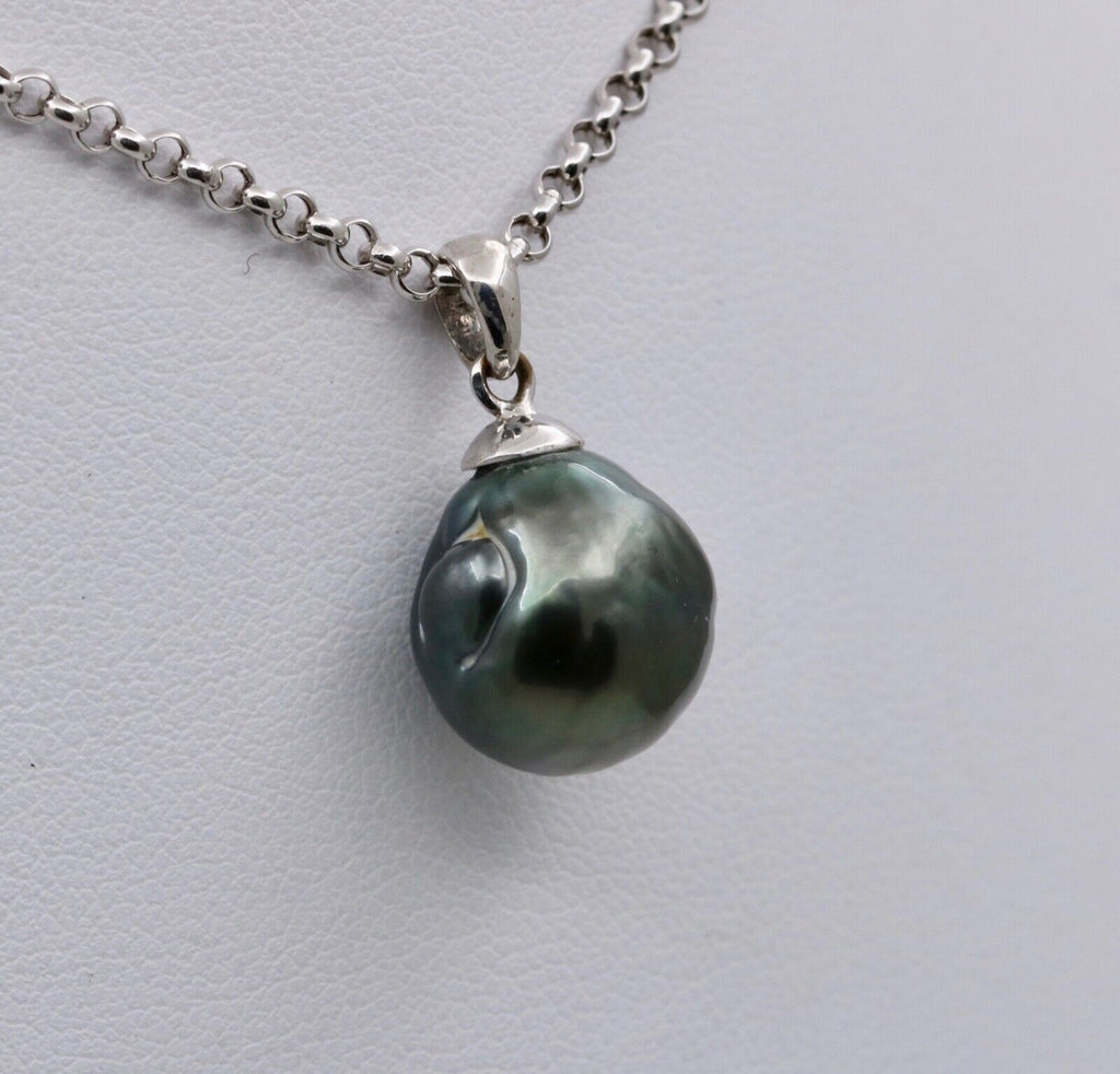 Vintage Tahitian Black Pearl Pendant and Chain 14K White Gold