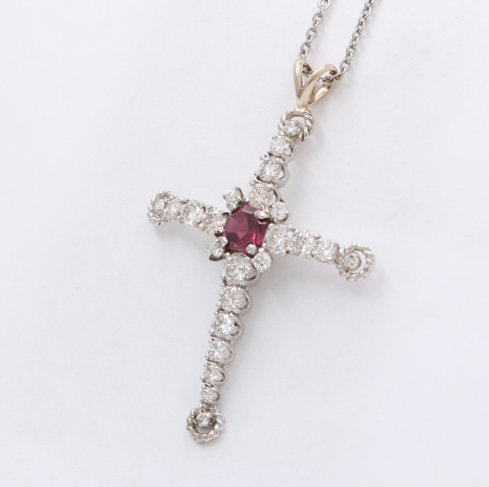 Vintage 10K White Gold Diamond & Rhodolite Garnet Cross Pendant Necklace