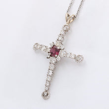 Load image into Gallery viewer, Vintage 10K White Gold Diamond &amp; Rhodolite Garnet Cross Pendant Necklace
