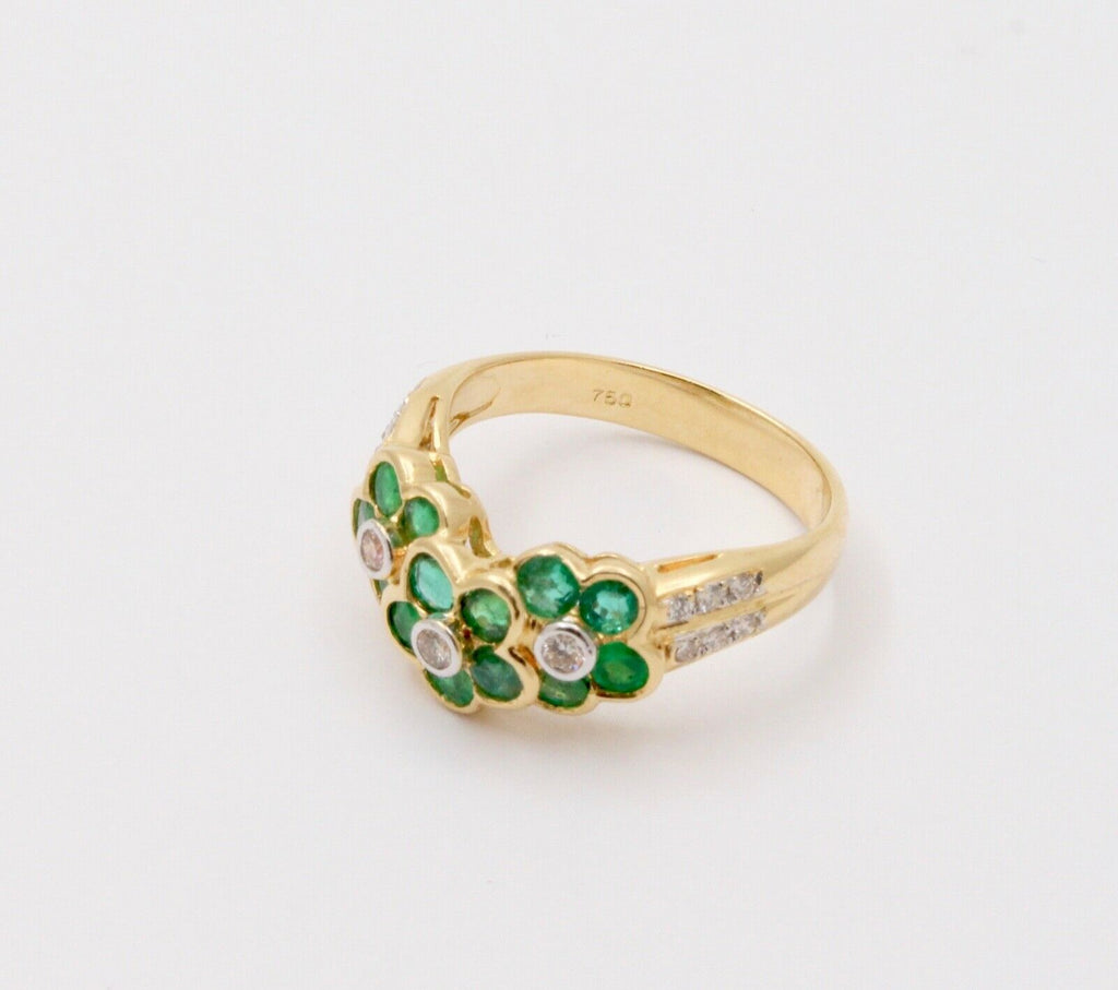 Vintage Flowers Emeralds Diamonds 18K Yellow Gold Ring