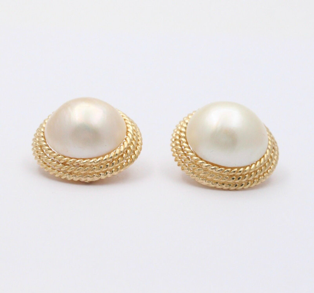 Vintage 14K Yellow Gold Large 16 mm Mabe Pearl Earrings.