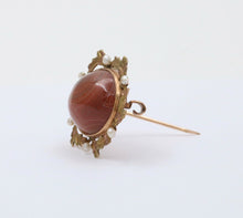 Load image into Gallery viewer, Art Nouveau Agate Seed Pearls 10K Yellow Gold Brooch Pin
