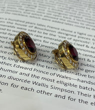 Load image into Gallery viewer, Vintage Rhodolite Garnet &amp; Diamond Halo 18K Yellow Gold Earrings
