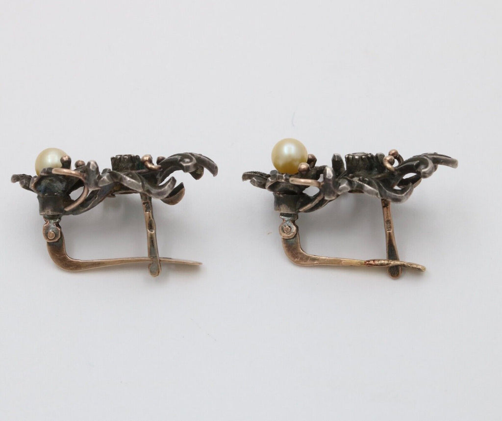 Victorian 10K Gold Diamond And Pearl Earrings