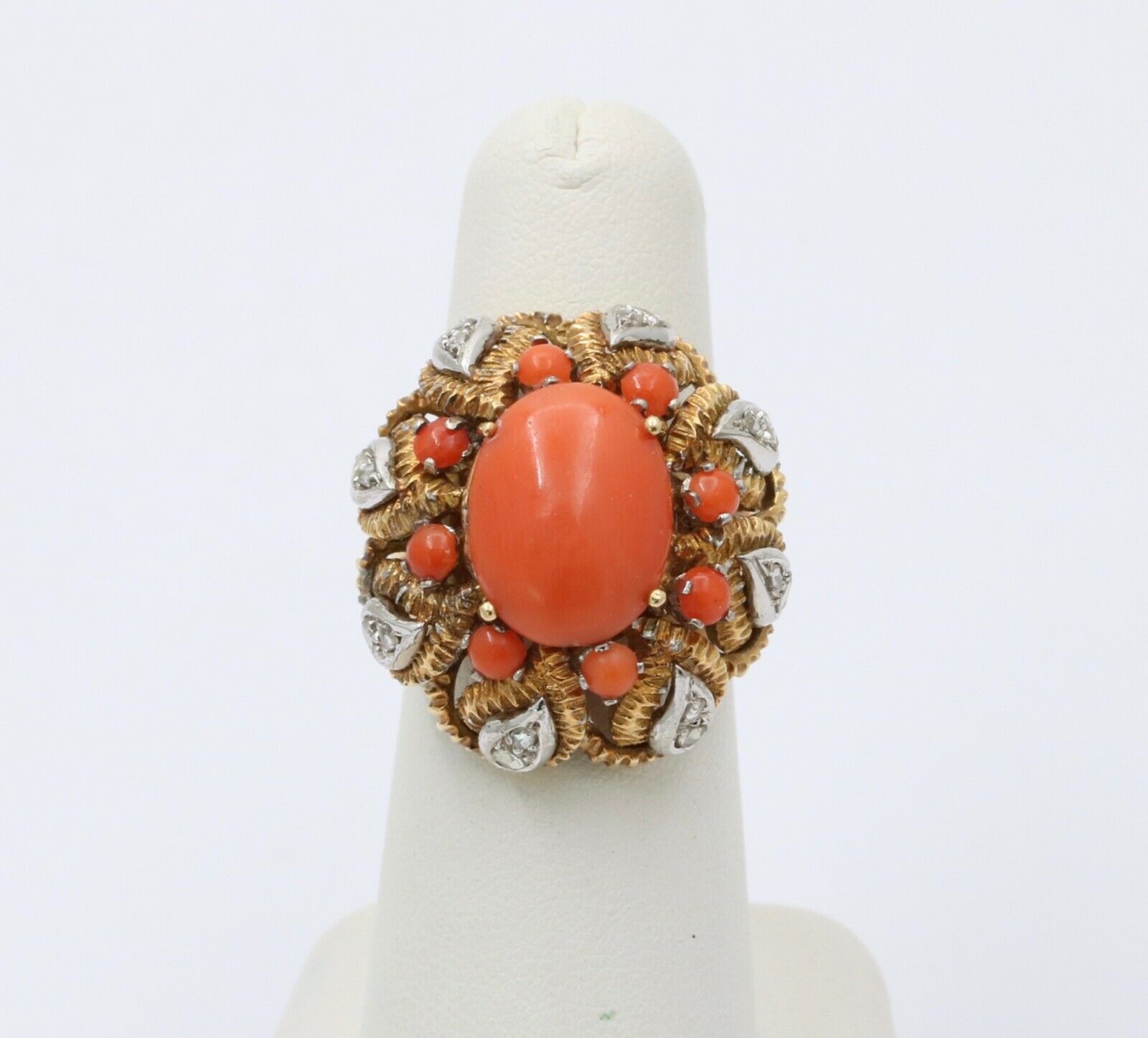 Vintage Statement Cocktail Coral Rose Cut Diamonds 18K YG WG Ring