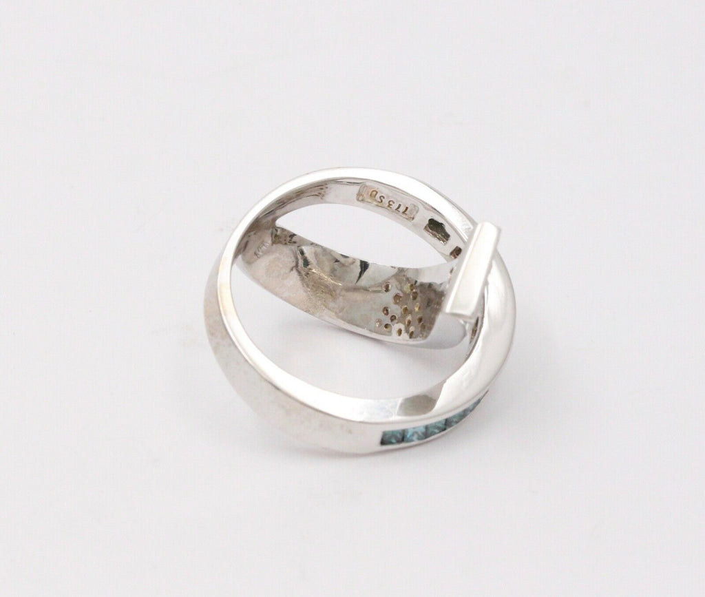 Cool Unisex Geometric Diamonds White Blue Diamonds 14K White Gold Ring