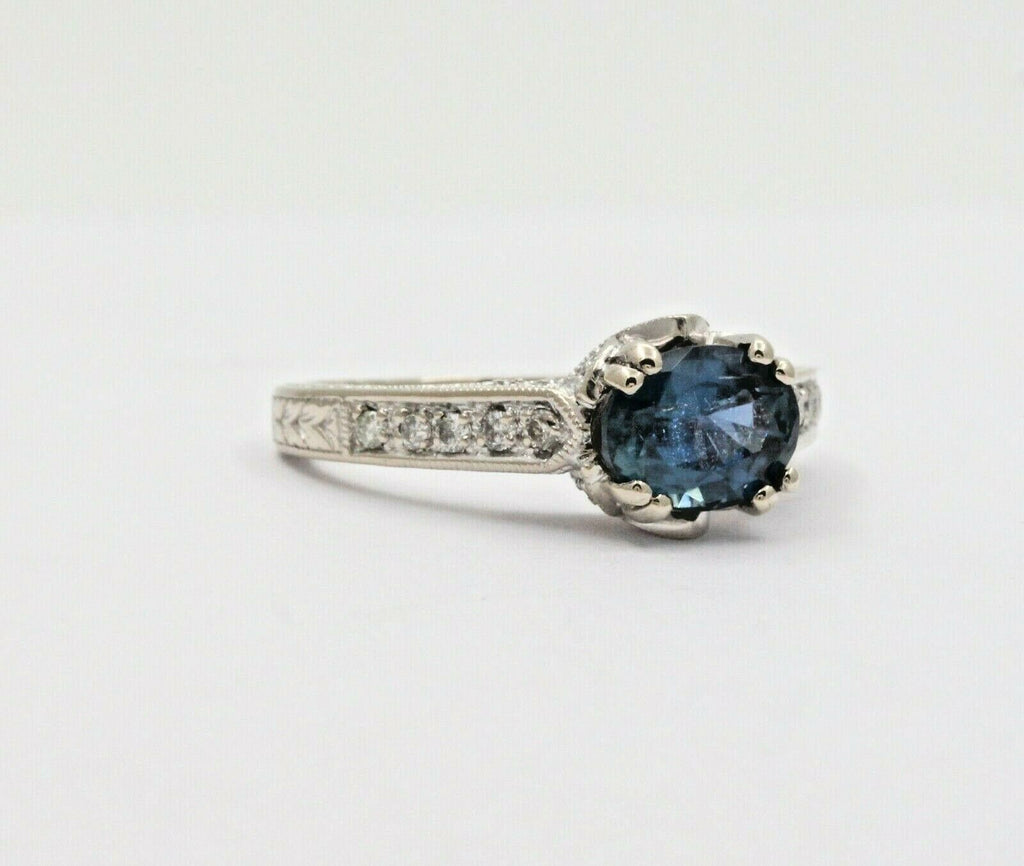 Vintage Art Deco Inspired 14K White Gold Sapphire Diamond Alternative Engagement Ri